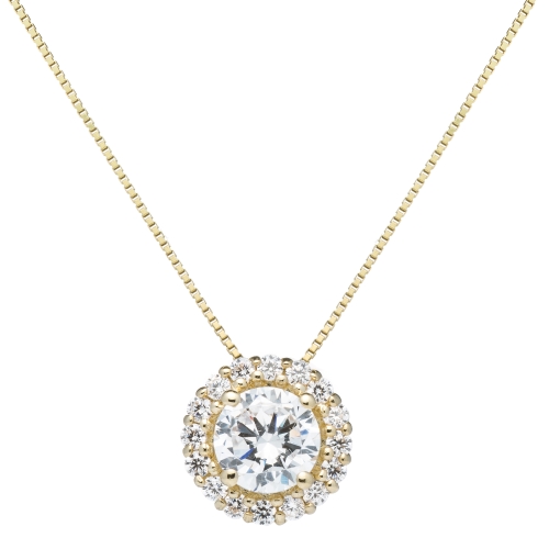 Everyday Elegance 14K Solid Yellow Gold Round Cut Cubic Zirconia Solitaire Pendant Necklace (1.0 ct center, 1.24 cttw), 16 Inch Chain, Gift Box