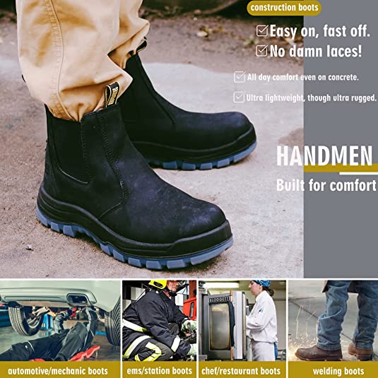 HANDPOINT 6 inch Soft Toe Mens Working Boots, Puncture Proof Slip Resistant Slip-on Safety Working Shoes Black Chelsea shoes 80N04
