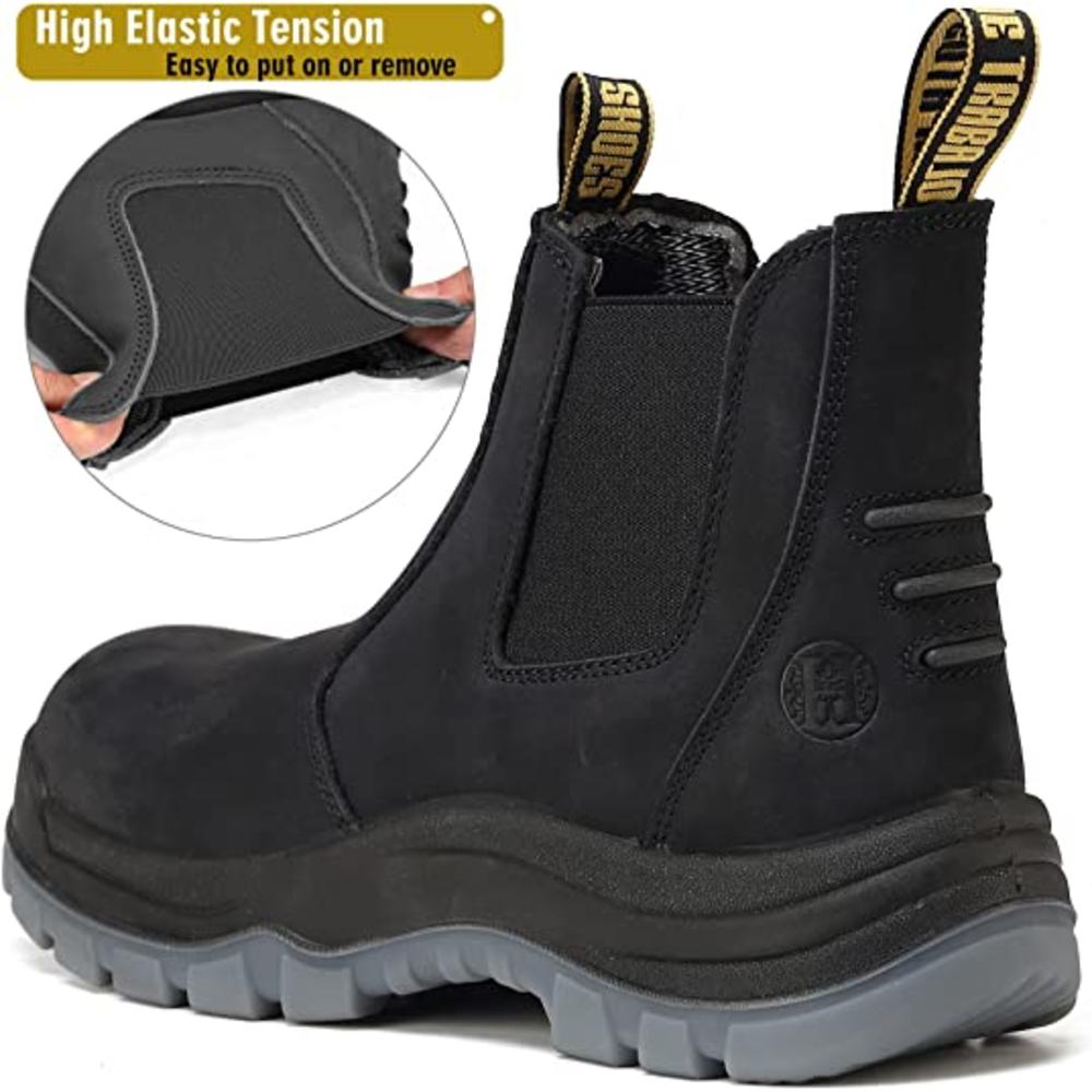 HANDPOINT 6 inch Soft Toe Mens Working Boots, Puncture Proof Slip Resistant Slip-on Safety Working Shoes Black Chelsea shoes 80N04