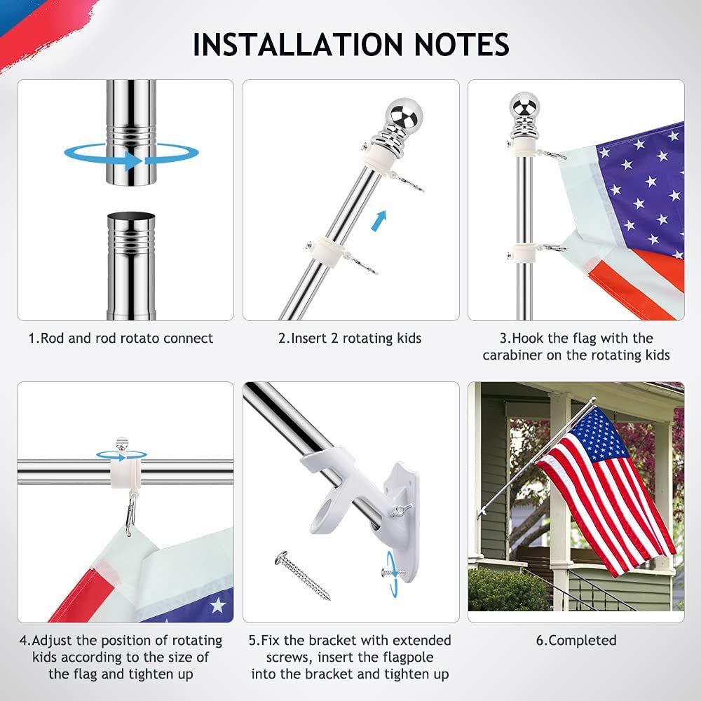 DIIG 6FT Flag Pole Kit For American Flag, Stainless Steel Flag Pole And Mounting Bracket For Outdoor House Garden Yard Black