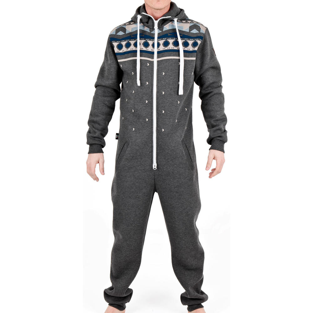 Adults Mens Gray One Piece Pajamas Zipper Hoodie Playsuit
