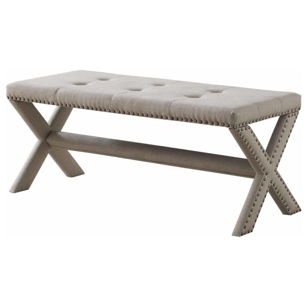 Best Master Furniture Seward Linen Blend Accent Bench With Champagne Nail Heads, Natural