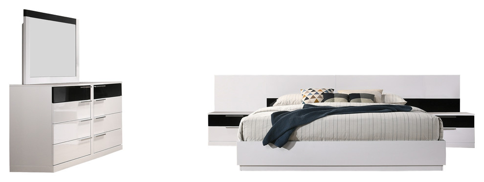 Modern Platform White Black Bedroom Set, California King Platform Bed Set