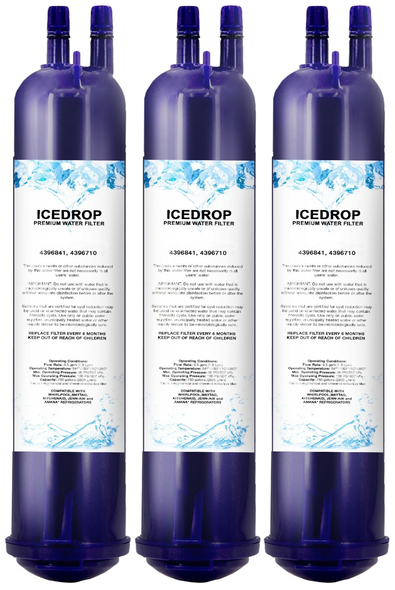 Ice Drop Refrigerator Water Filter Compatible with Fridge Water Filter 4396841 EDR3RXD1 Everydrop Filter 3 4396710P Kenmore 9083 (3 Pack)