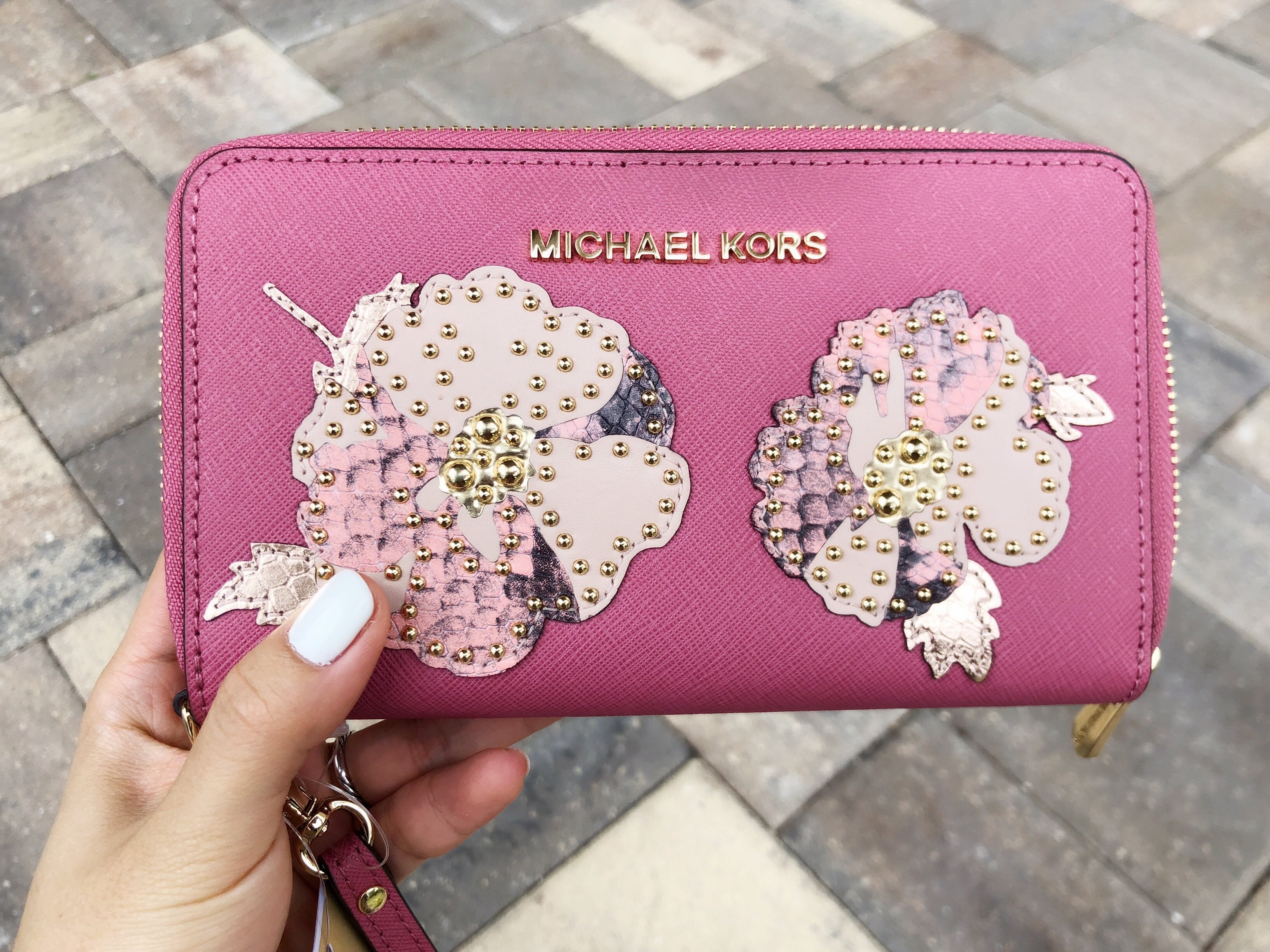 Michael Kors Jet Set Travel Wallet Phone Wristlet Tulip Pink Floral Studded