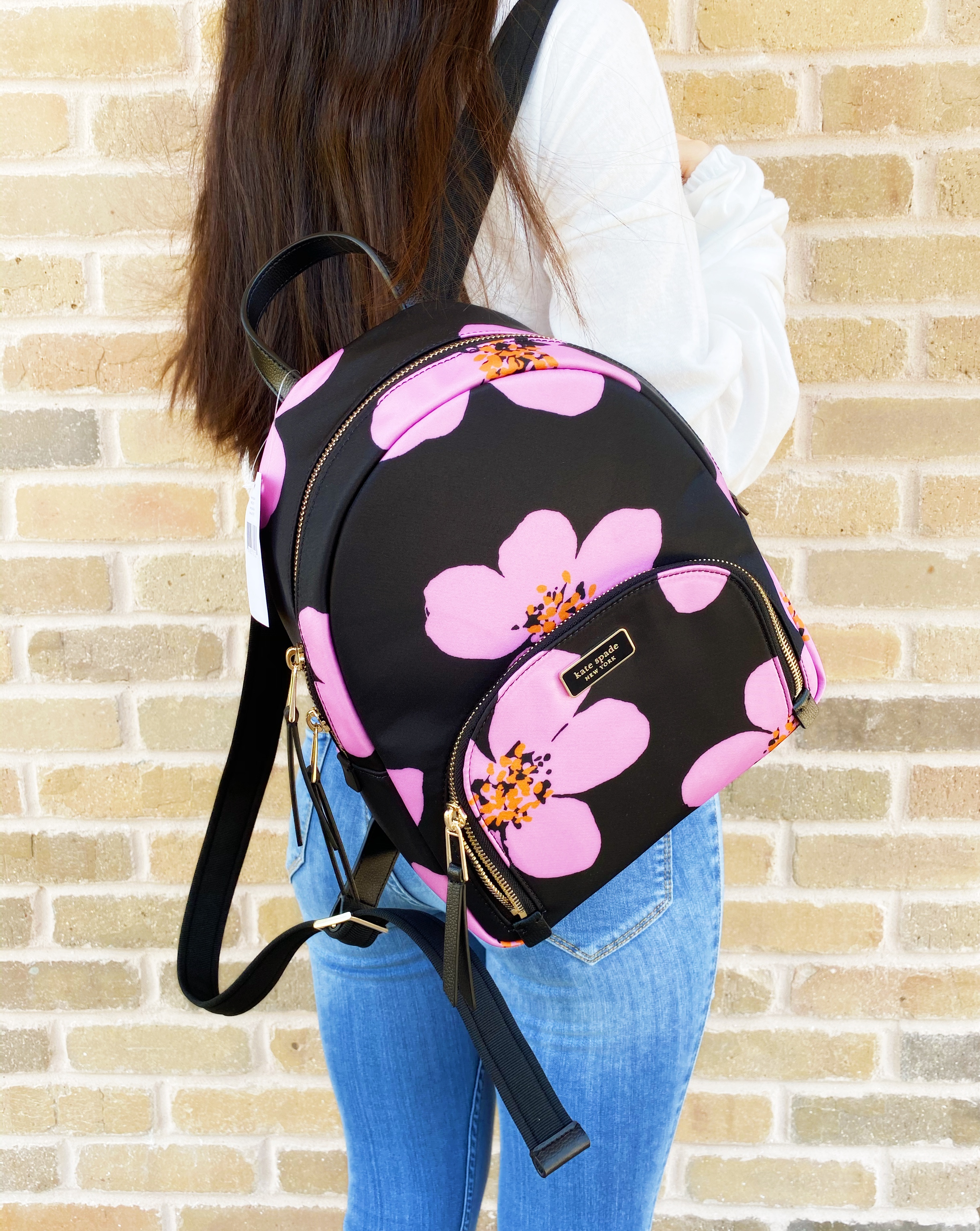 Kate Spade Dawn Grand Flora Bradley Backpack Black Pink Floral