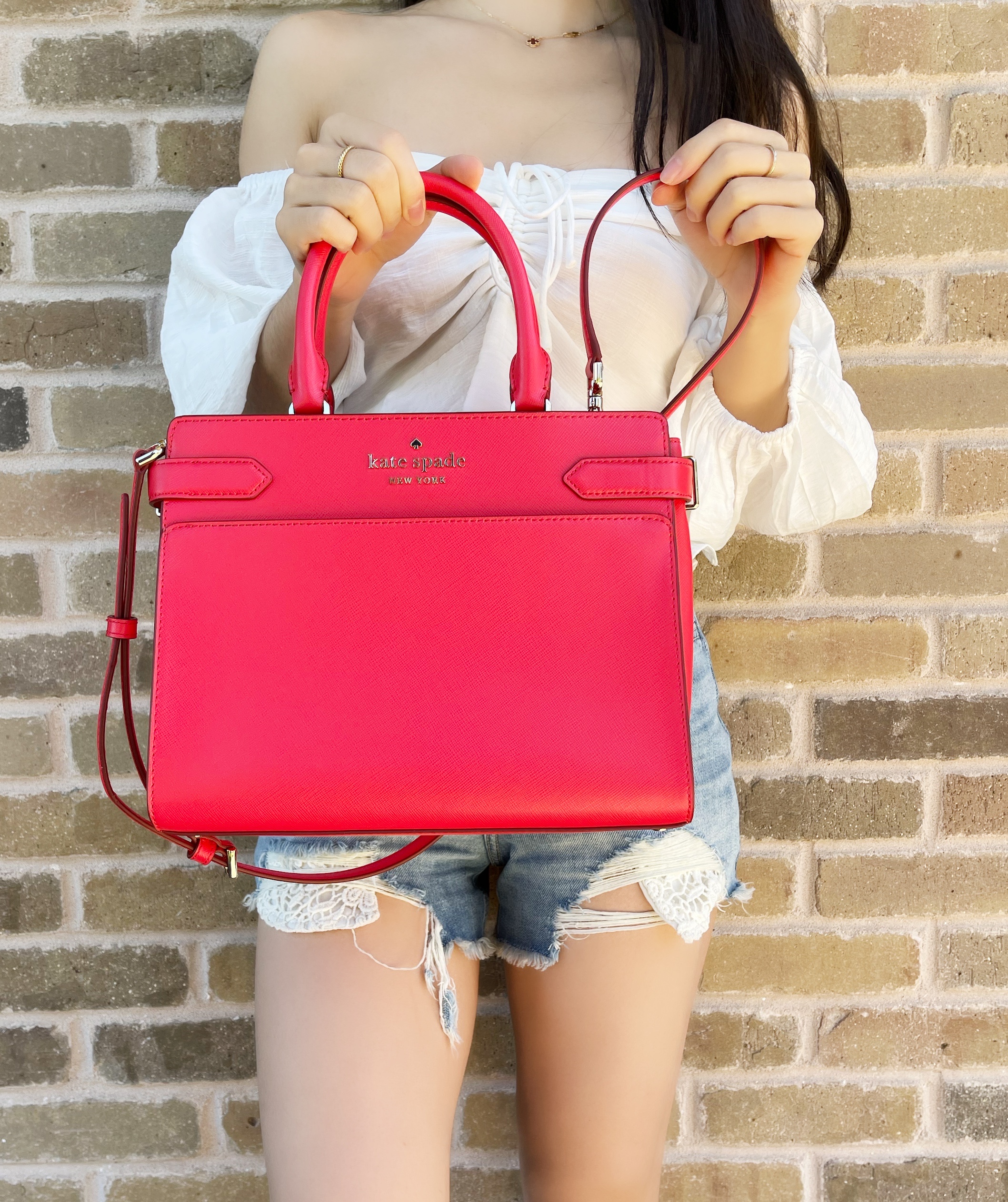 Kate spade staci medium saffiano leather top zip satchel crossbody cherry  wood