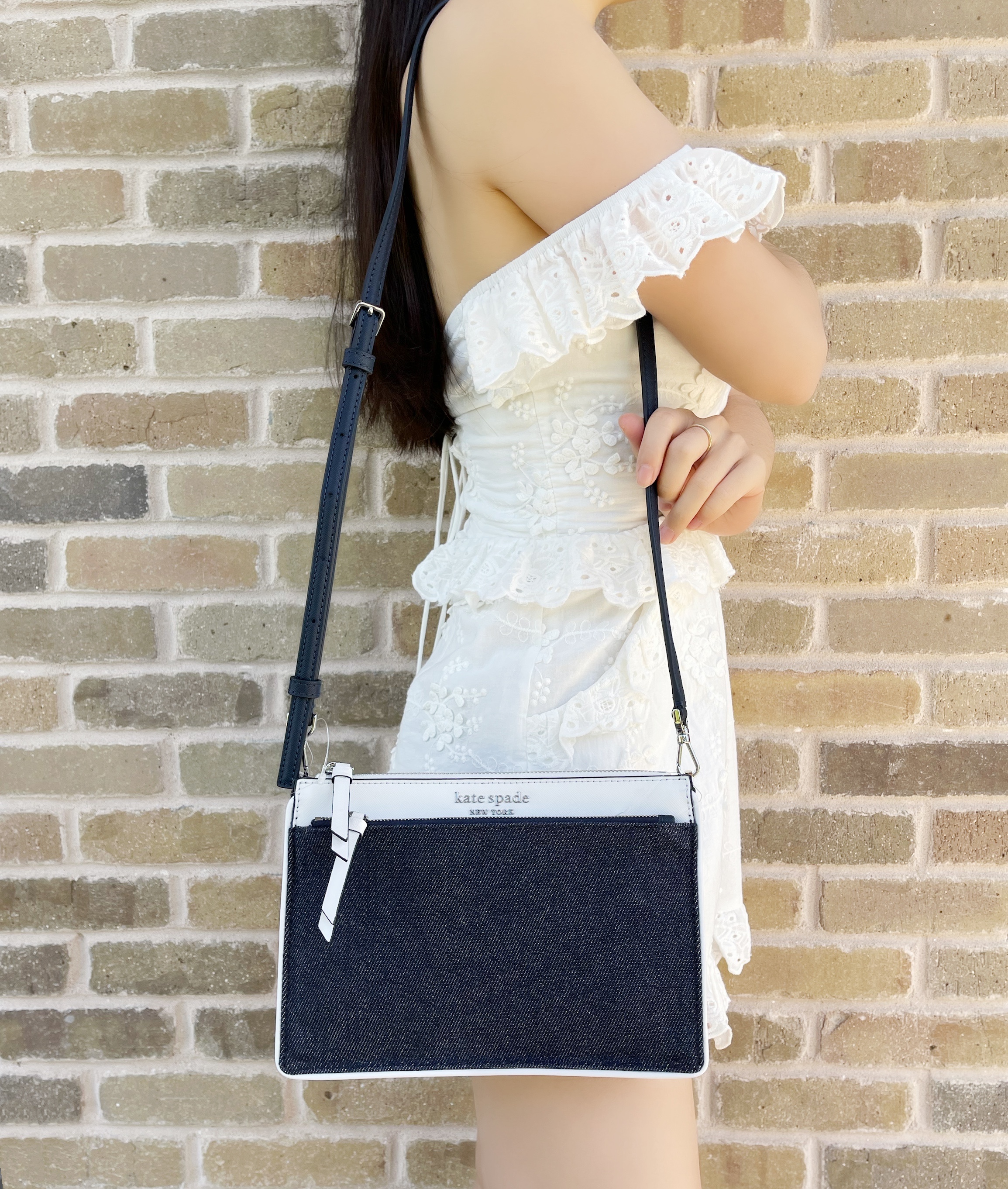Kate Spade Cameron Denim Cream Leather Colorblock Zip Crossbody Bag