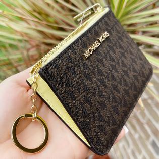 Michael Kors Key Ring Zip Coin Pouch Card ID Holder Brown MK Buttercup  Yellow
