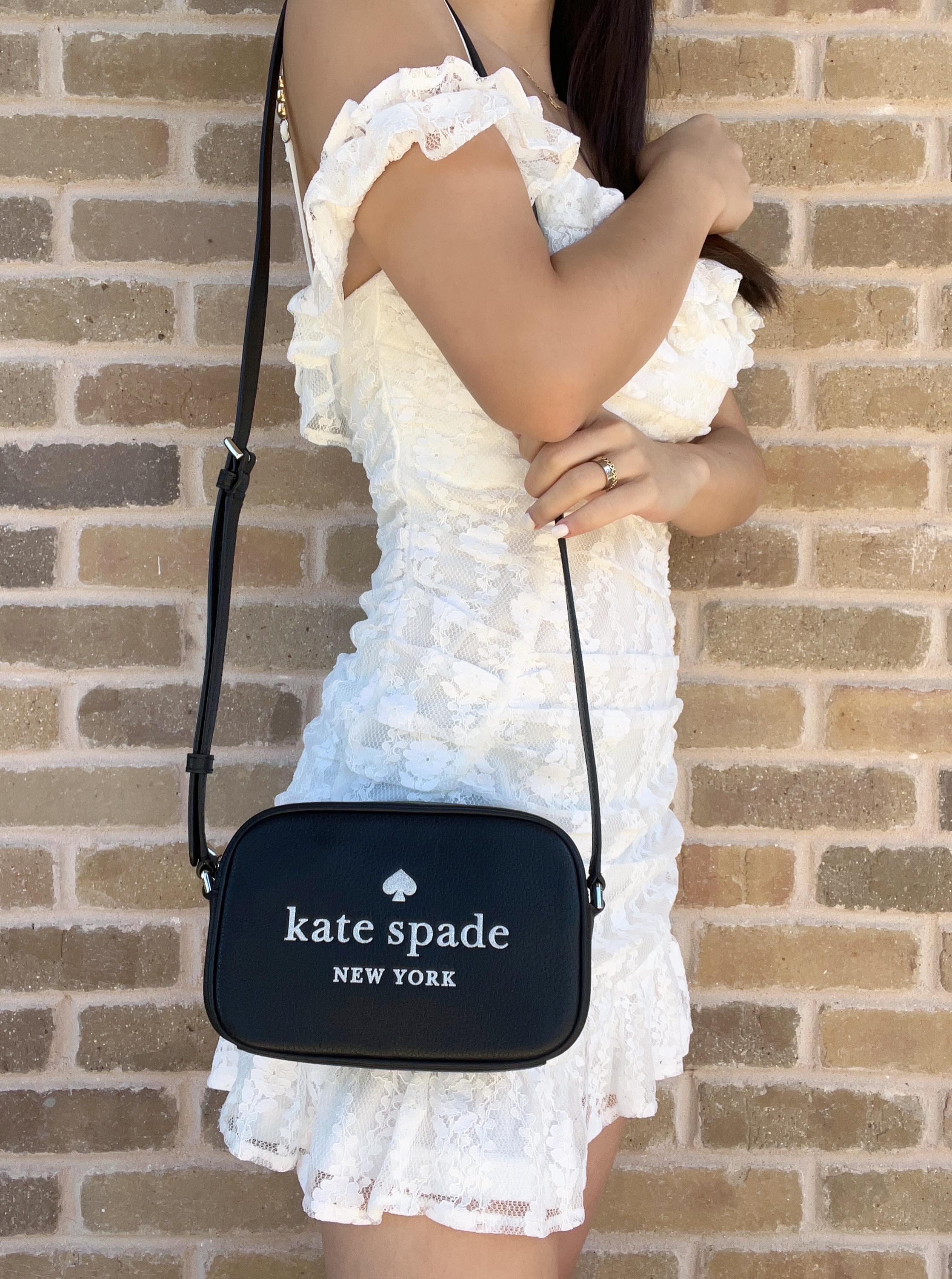 Kate Spade Glitter Embossed Leather Mini Camera Bag Black Small Handbag