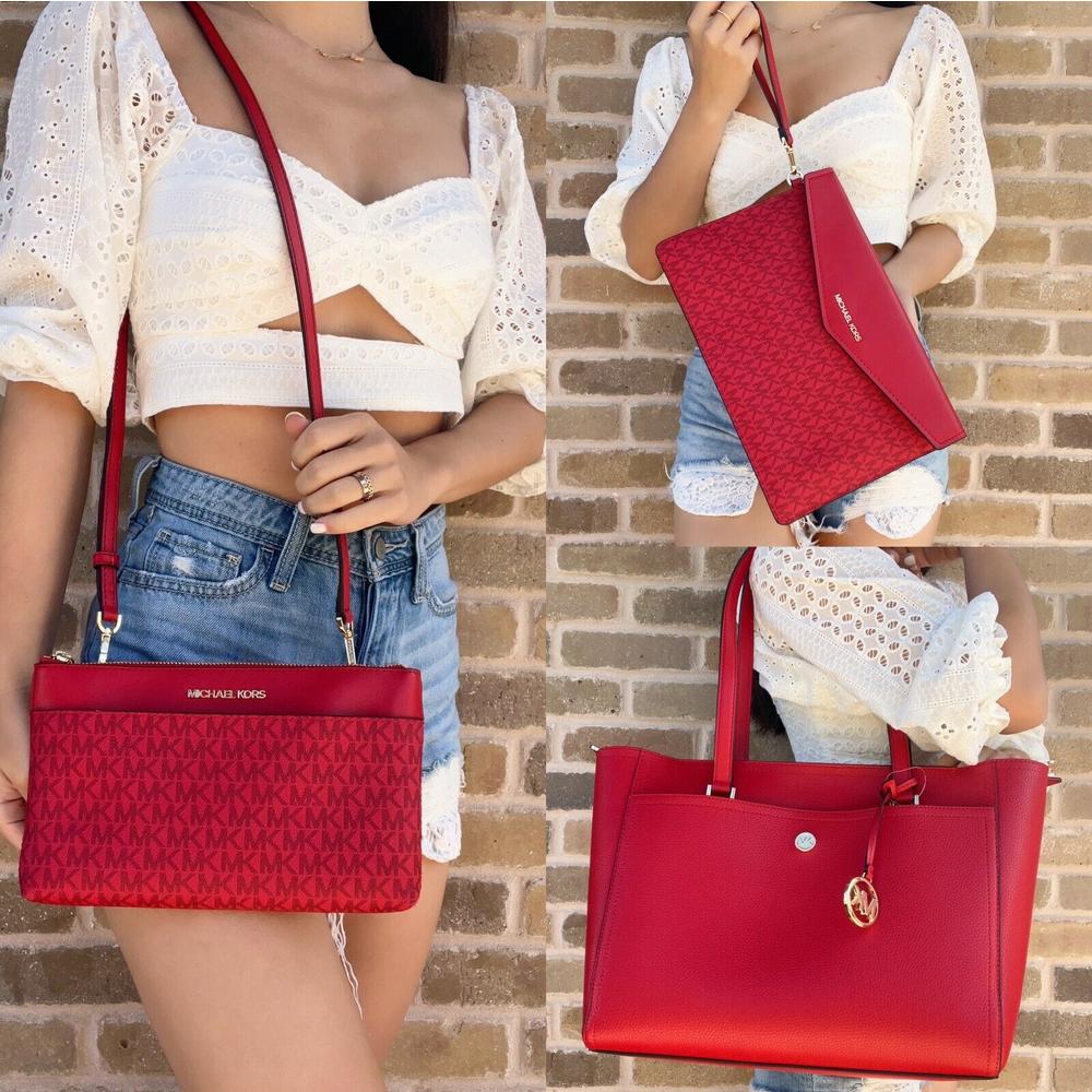 Michael Kors Maisie Large Pebbled Leather 3-in-1 Tote Bag Flame Red MK