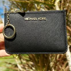Michael Kors Jet Set Travel Small Top Zip Coin Pouch with ID Holder in Saffiano Leather (Black with Gold Hardware) …