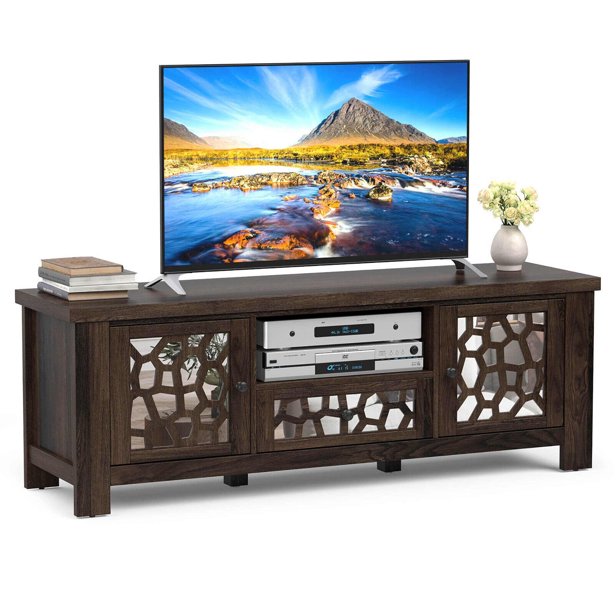 Gymax 55'' Retro TV Stand Media Entertainment Center w/ Mirror Doors & Drawer Brown