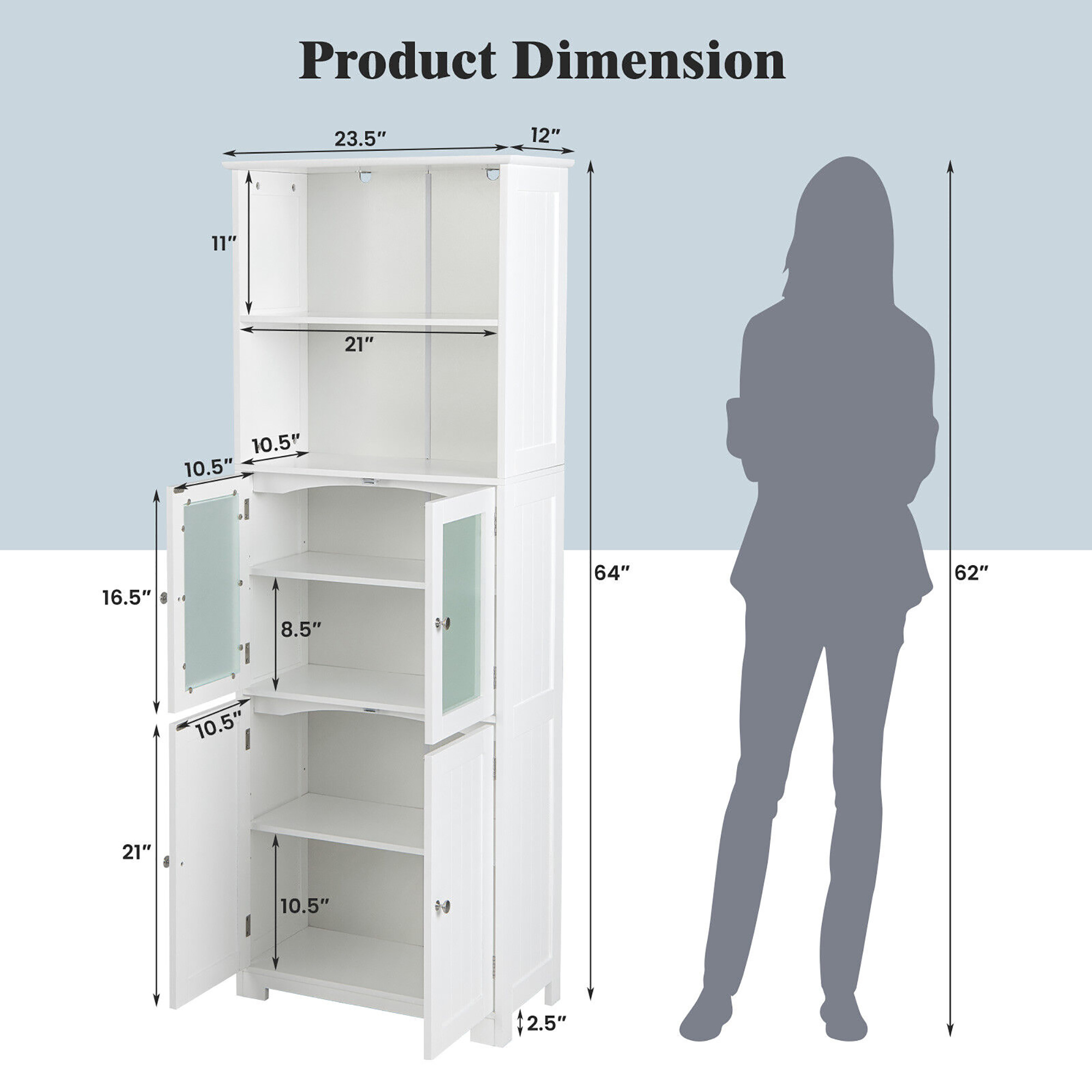 Gymax Bathroom Tall Storage Cabinet Linen Tower w/ Glass Door & Adjustable Shelf White