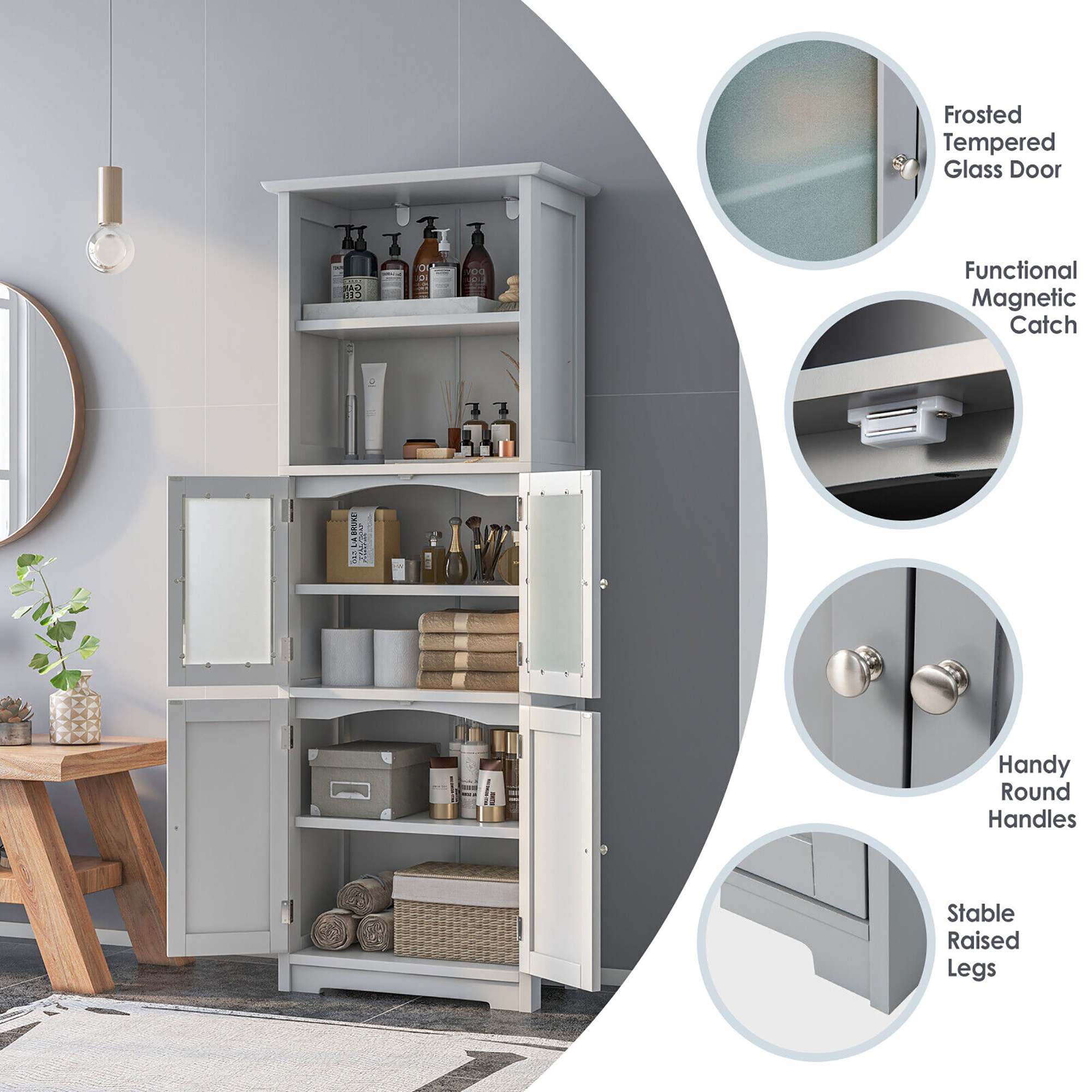 Gymax Bathroom Tall Storage Cabinet Linen Tower w/ Glass Door & Adjustable Shelf White