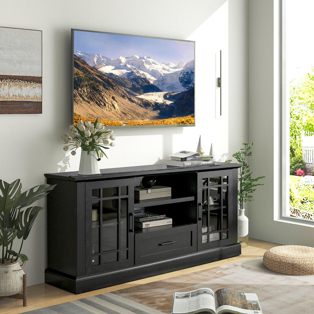 Gymax Farmhouse TV Stand for TVs up to 70'' Media Center w/ Glass Doors Cubbies & Drawer