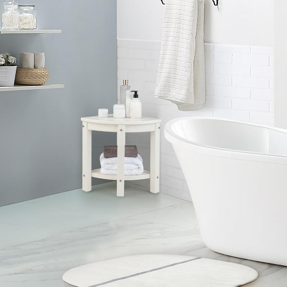 Gymax 2-Tier Corner Shower Bench Stool Waterproof Bathroom Stool w/ Storage Shelf White