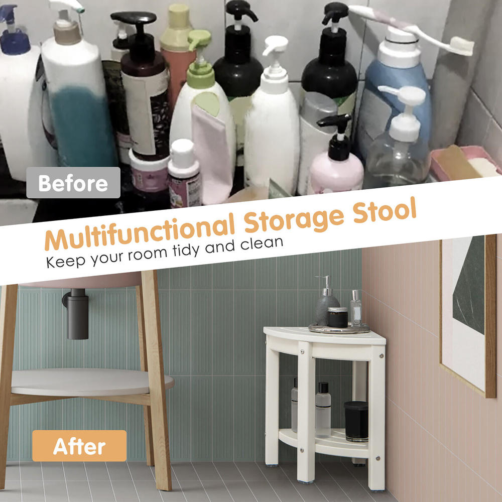 Gymax 2-Tier Corner Shower Bench Stool Waterproof Bathroom Stool w/ Storage Shelf White