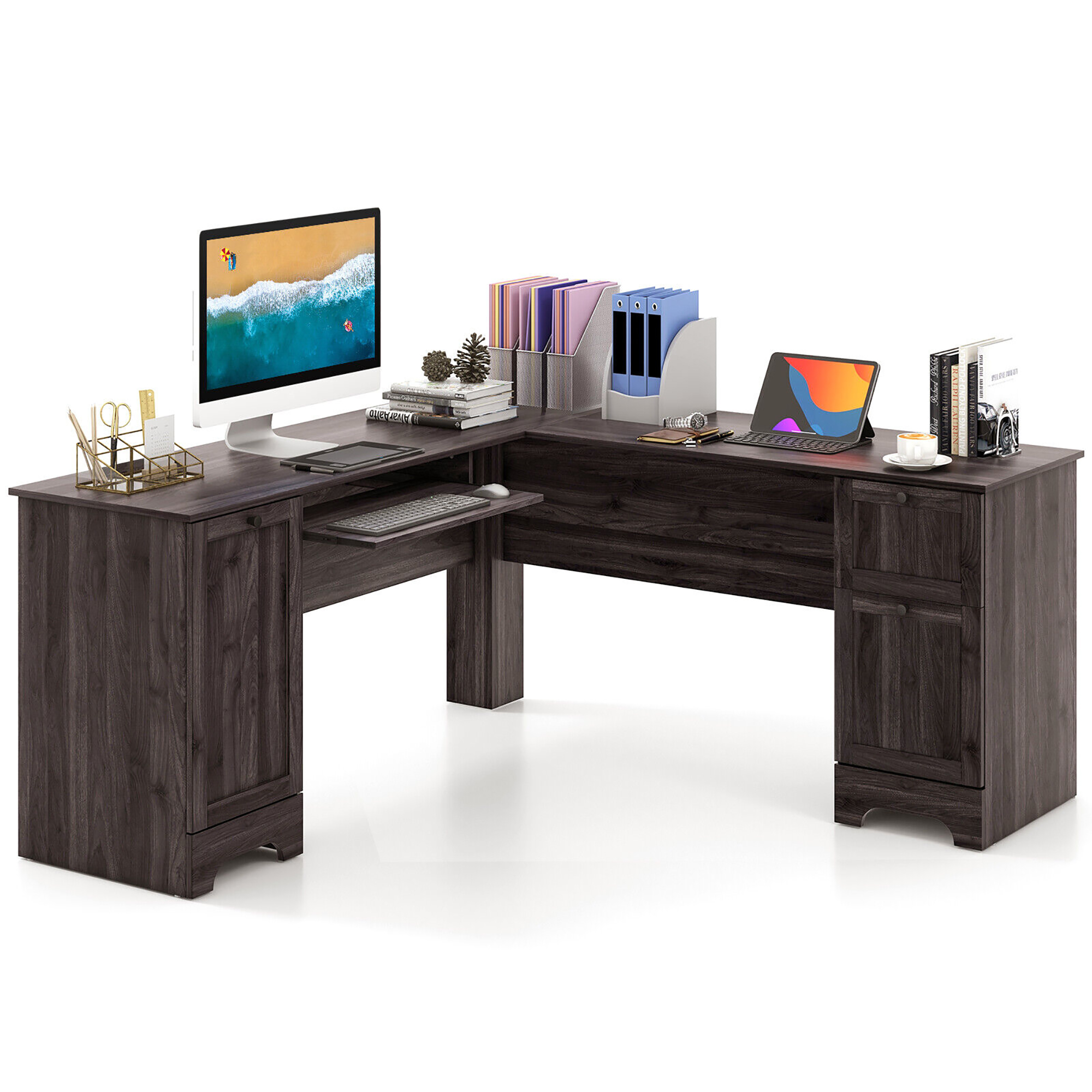 Gymax 66.5'' L Shaped Home Office Desk Corner Computer Desk Keyboard Tray Dark Brown