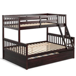 Gymax Twin Over Full Bunk Bed with Twin Trundle Convertible Platform Bed Espresso