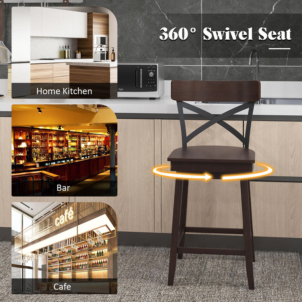 Gymax Set of 4 Wooden Swivel Bar Stools Counter Height Kitchen Chairs w/ Back Brown
