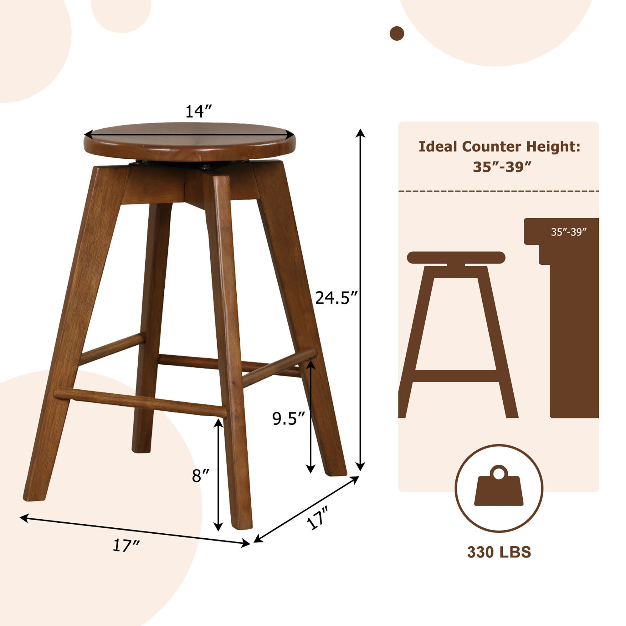 Gymax Set of 2 Swivel Round Bar Stools Counter Height Dining Chairs w/ Rubber Wood Legs
