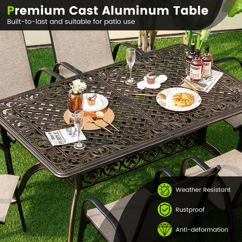 Gymax 59'' Patio Rectangle Dining Table Outdoor Cast Aluminum Table w/ Umbrella Hole