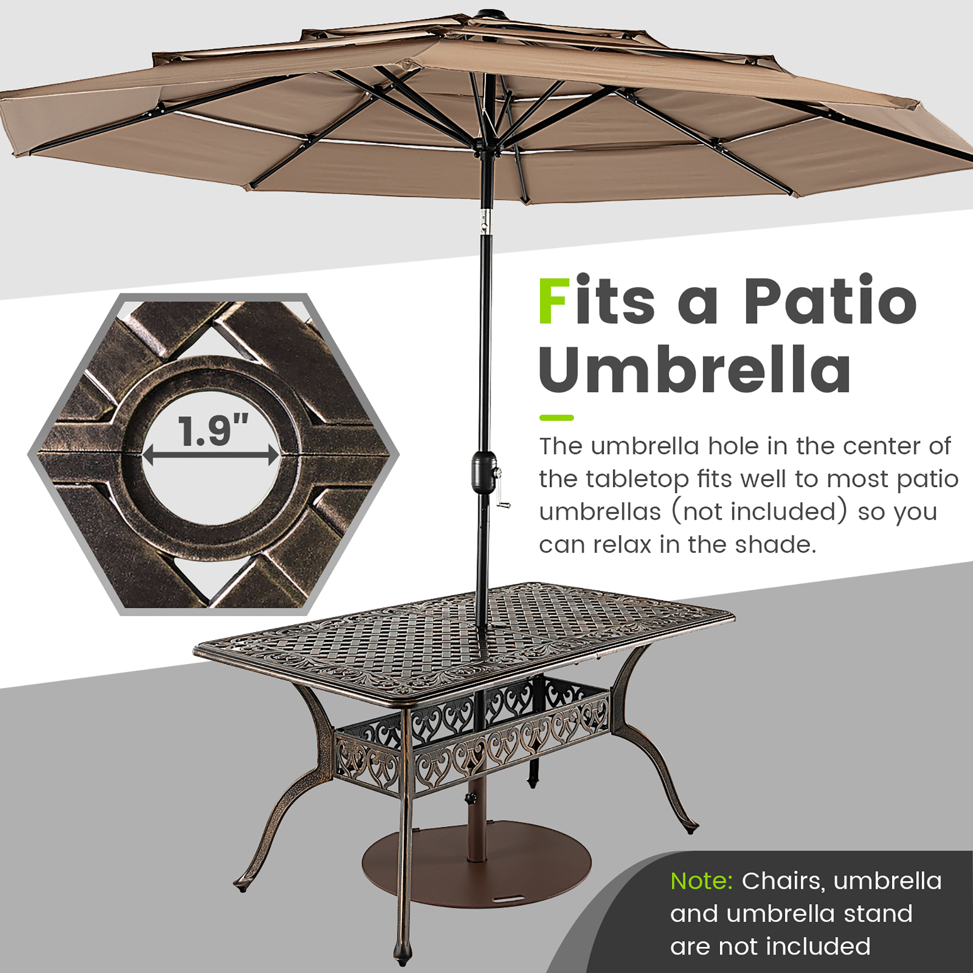 Gymax 59'' Patio Rectangle Dining Table Outdoor Cast Aluminum Table w/ Umbrella Hole
