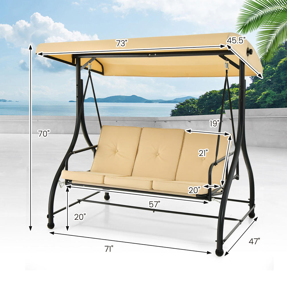 Gymax 3-Seat Outdoor Converting Patio Swing Glider Adjustable Canopy Porch Swing Beige