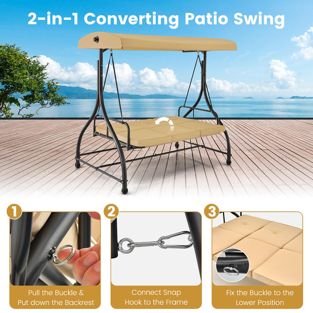 Gymax 3-Seat Outdoor Converting Patio Swing Glider Adjustable Canopy Porch Swing Beige