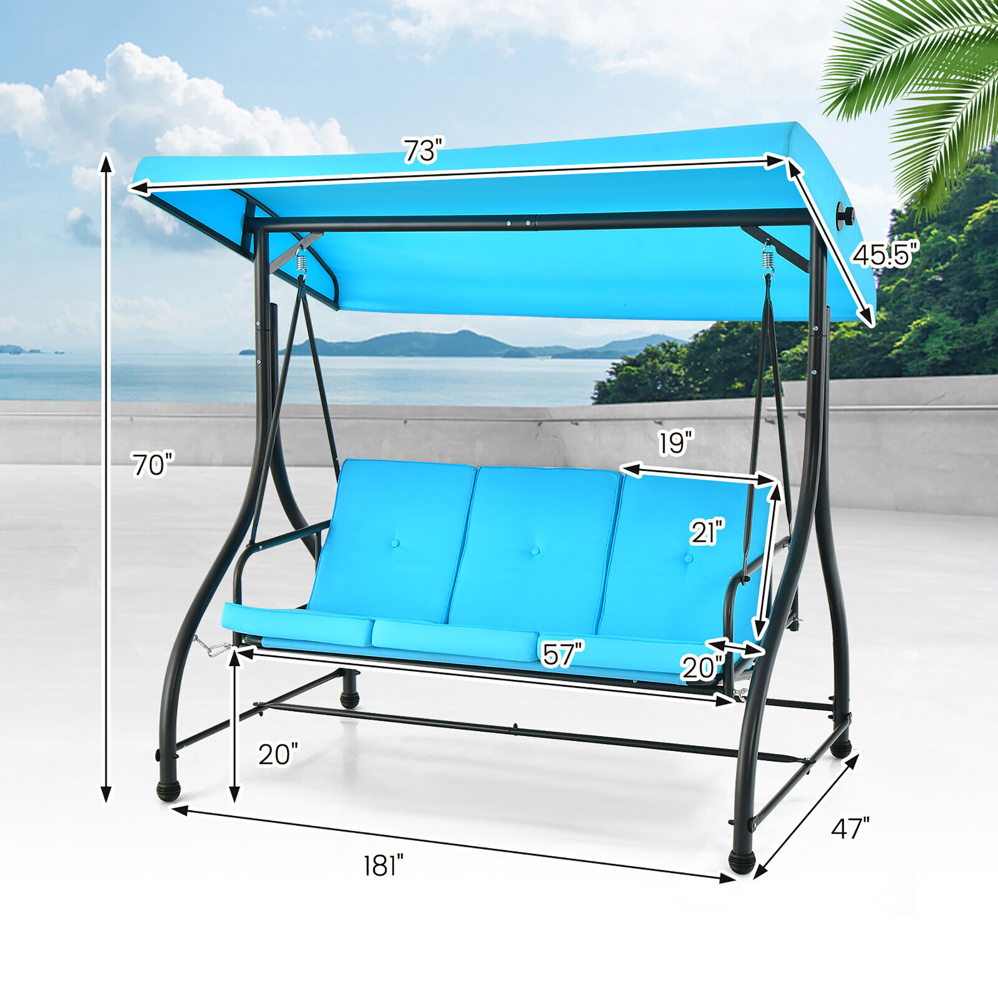 Gymax 3-Seat Outdoor Converting Patio Swing Glider Adjustable Canopy Porch Swing Blue