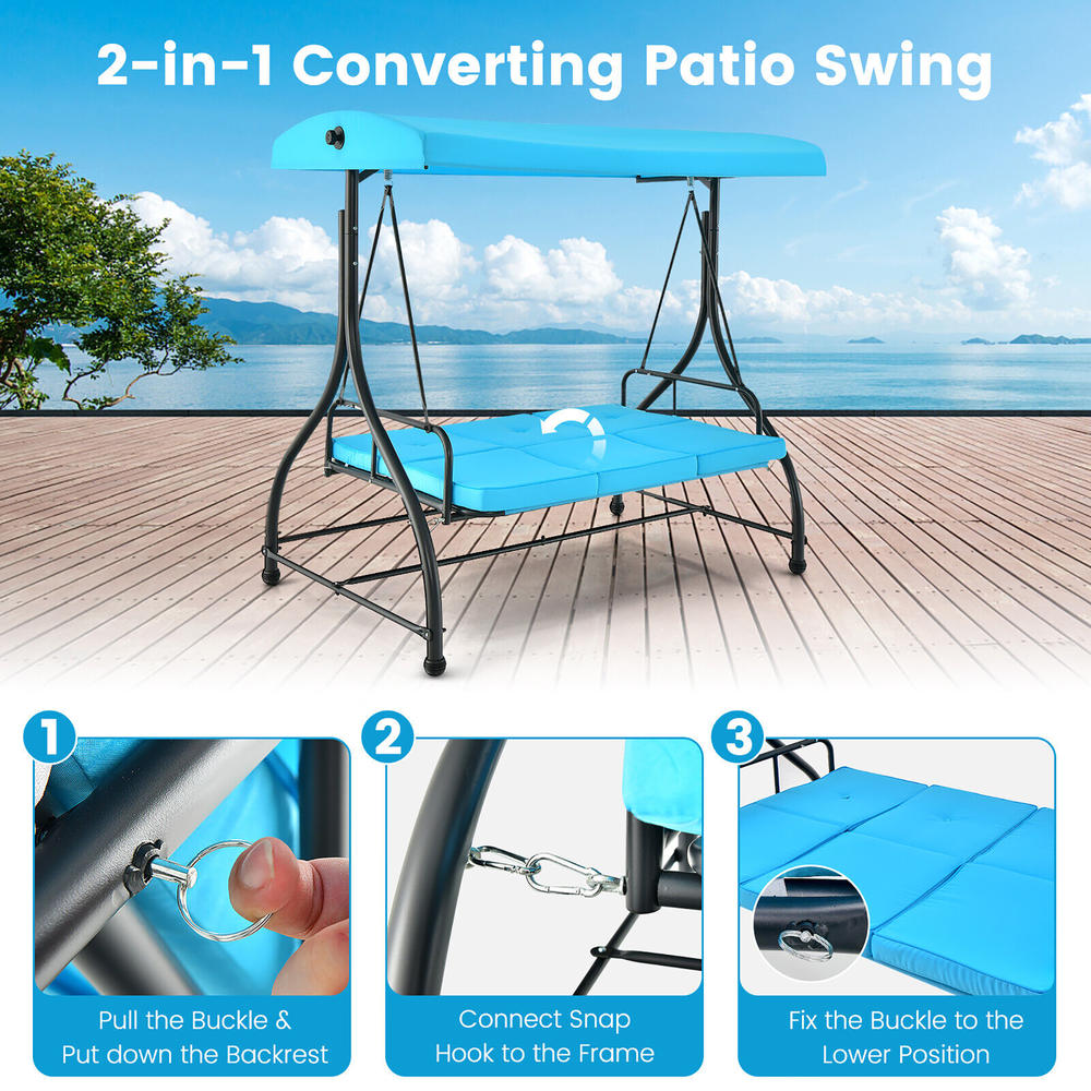 Gymax 3-Seat Outdoor Converting Patio Swing Glider Adjustable Canopy Porch Swing Blue