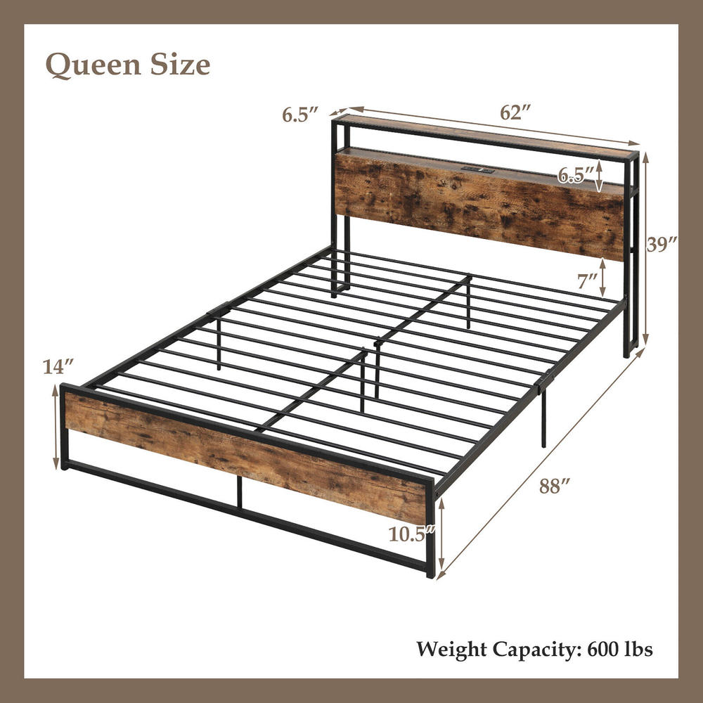Gymax Queen Size Industrial Platform Bed Frame with Charging Station Storage Headboard