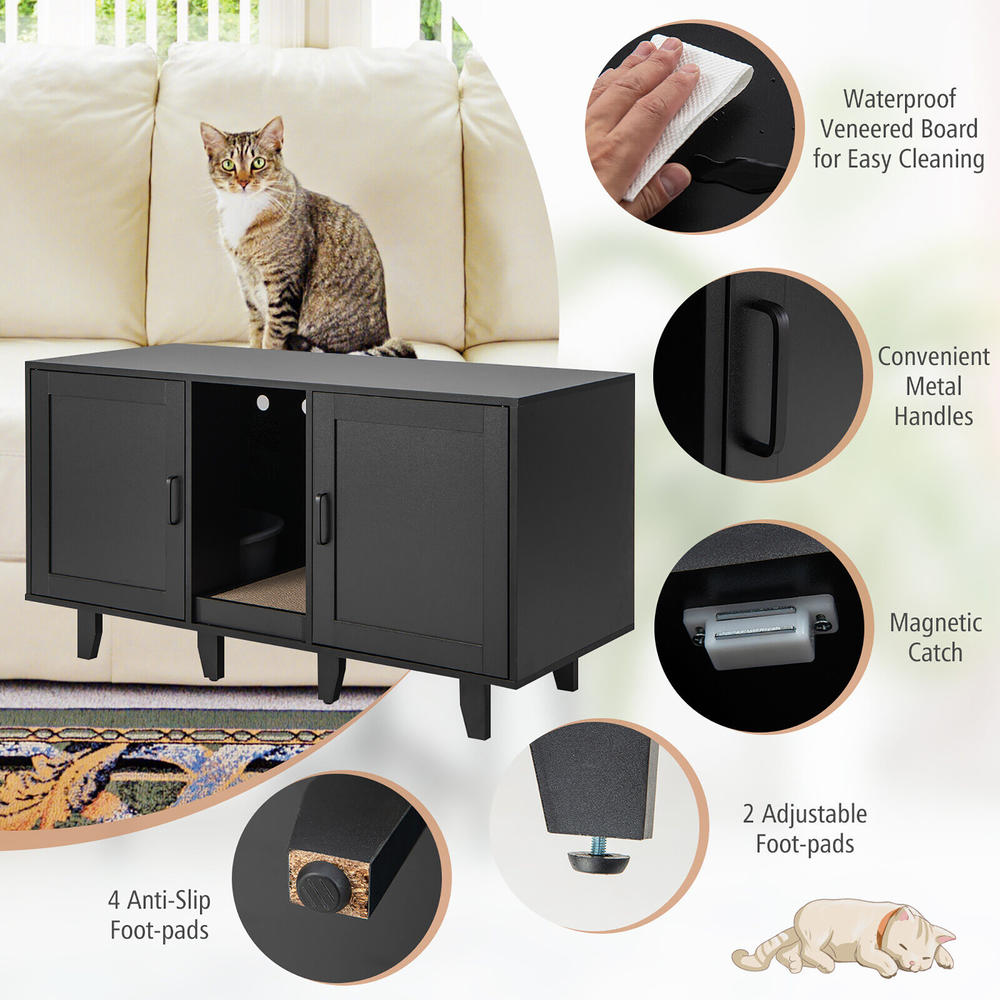 Gymax Cat Litter Box Enclosure TV Stand Cabinet Hidden Cat House Washroom W/ 2 Doors