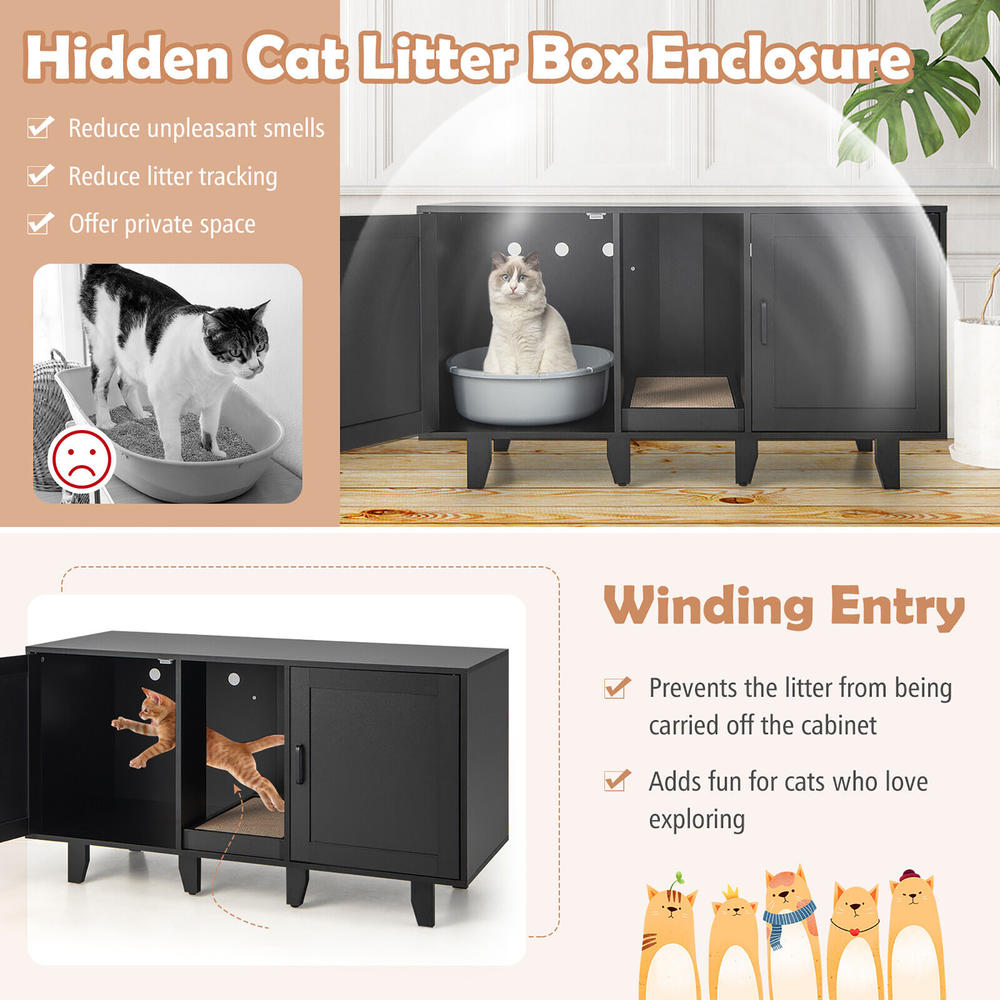 Gymax Cat Litter Box Enclosure TV Stand Cabinet Hidden Cat House Washroom W/ 2 Doors