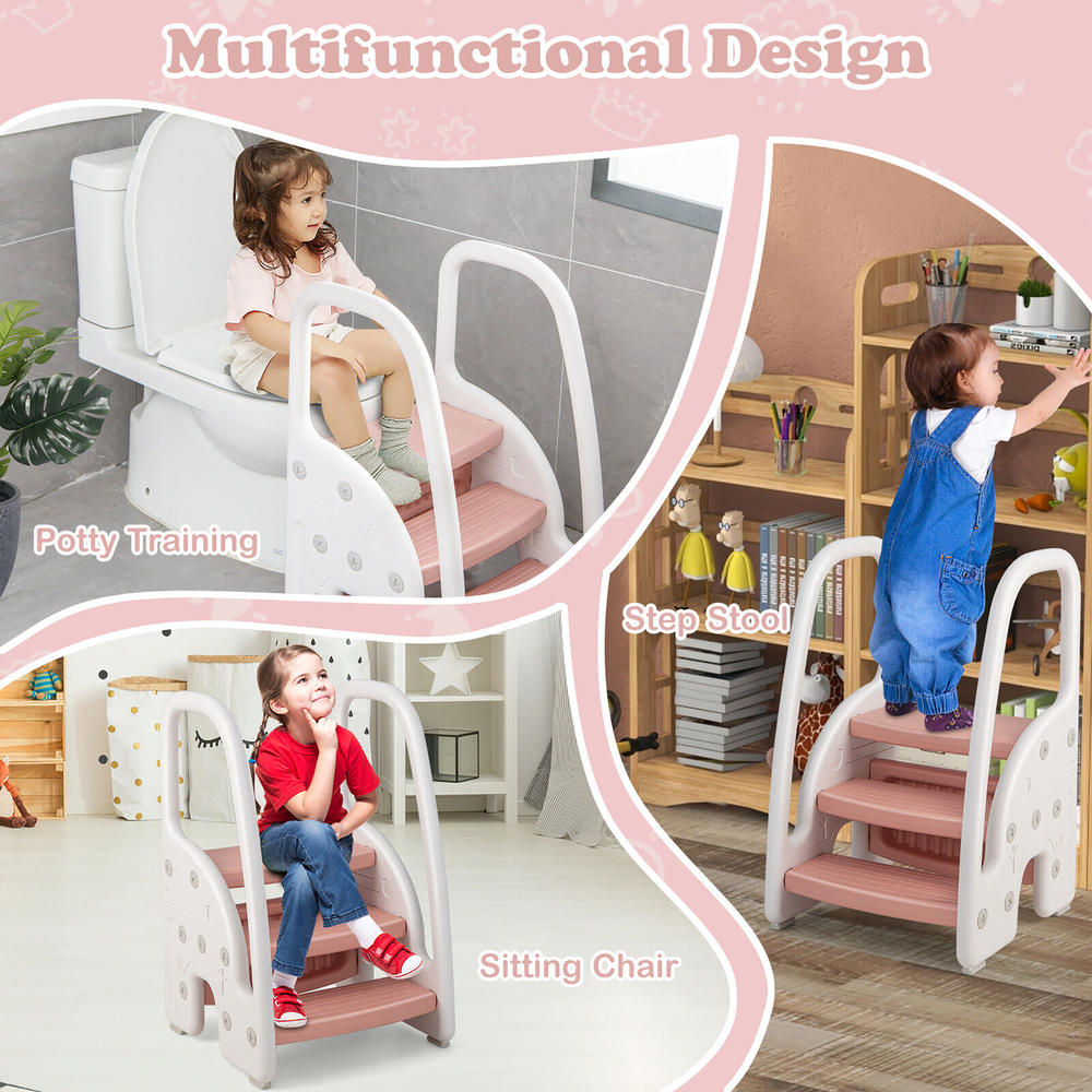 Gymax Three-Step Stool for Toddlers Children Step up Leaning Helper w/Safety Handles Pink