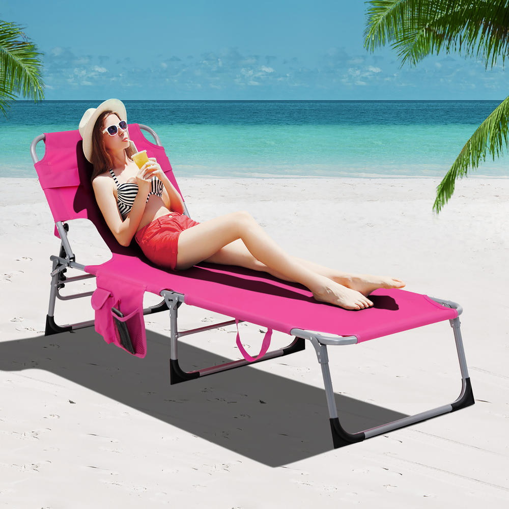 Gymax Portable Beach Chaise Lounge Chair Folding Reclining Chair w/ Facing Hole Pink