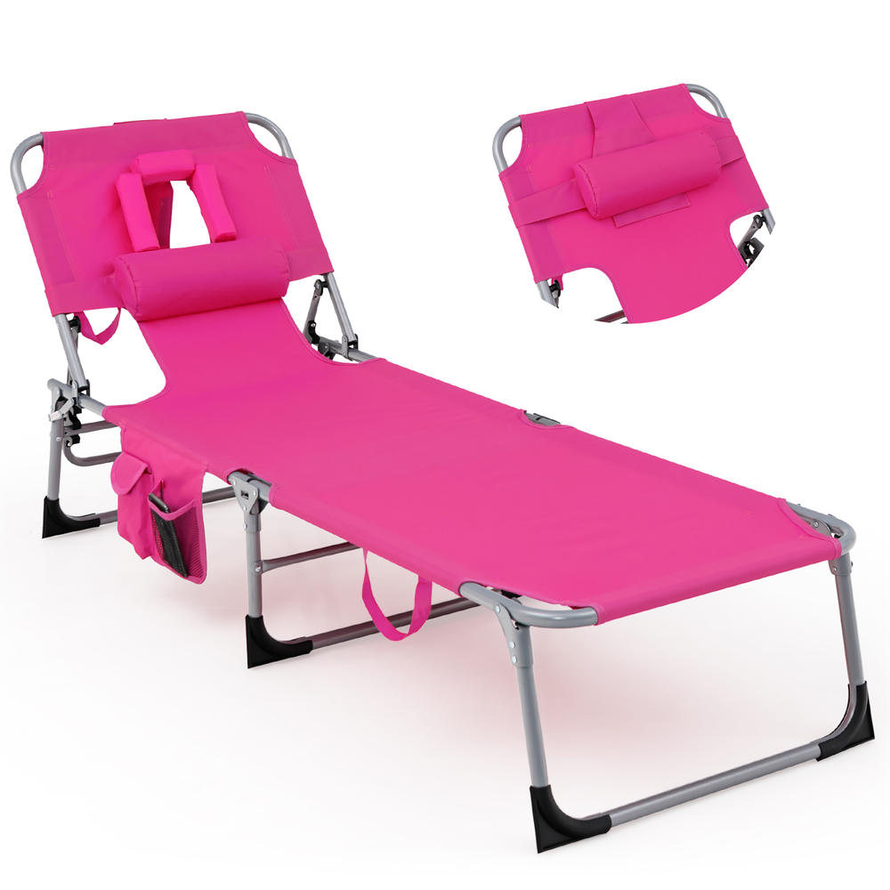 Gymax Portable Beach Chaise Lounge Chair Folding Reclining Chair w/ Facing Hole Pink