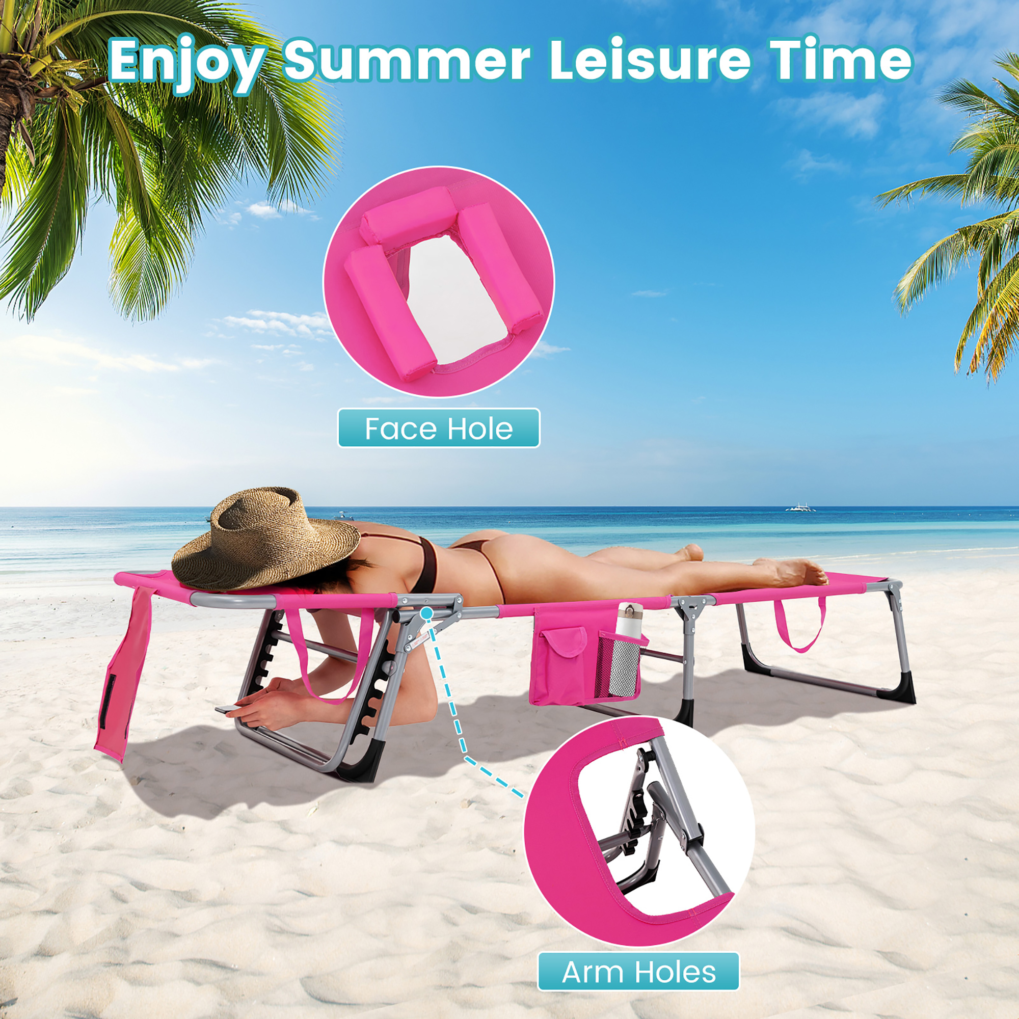 Gymax Set of 2 Beach Chaise Lounge Chair Folding Reclining Chair w/ Facing Hole Pink