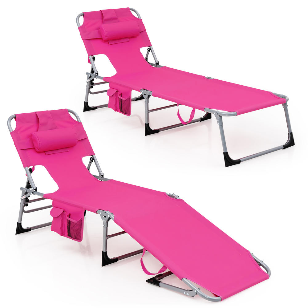 Gymax Set of 2 Beach Chaise Lounge Chair Folding Reclining Chair w/ Facing Hole Pink