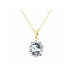 Rylos Princess Diana Inspired Halo Diamond & Aquamarine Pendant Necklace Set In Set in Yellow Gold Plated Silver With 18" Chain