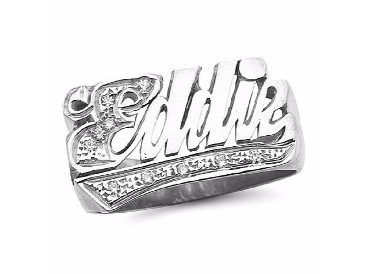 Rylos Personalized Diamond Shiny Name Ring - Unisex Script Style 12MM 14K Yellow or 14K 14K White Gold.  Special Order, Made to Order.