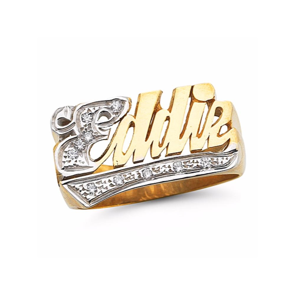 Rylos Personalized Diamond Shiny Name Ring - Unisex Script Style 12MM 14K Yellow or 14K 14K White Gold.  Special Order, Made to Order.