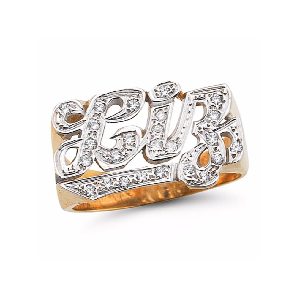 Rylos Personalized 0.15 CTW Diamond Name Ring Script Style 12mm 14K Yellow or 14K 14K White Gold.  Special Order, Made to Order.
