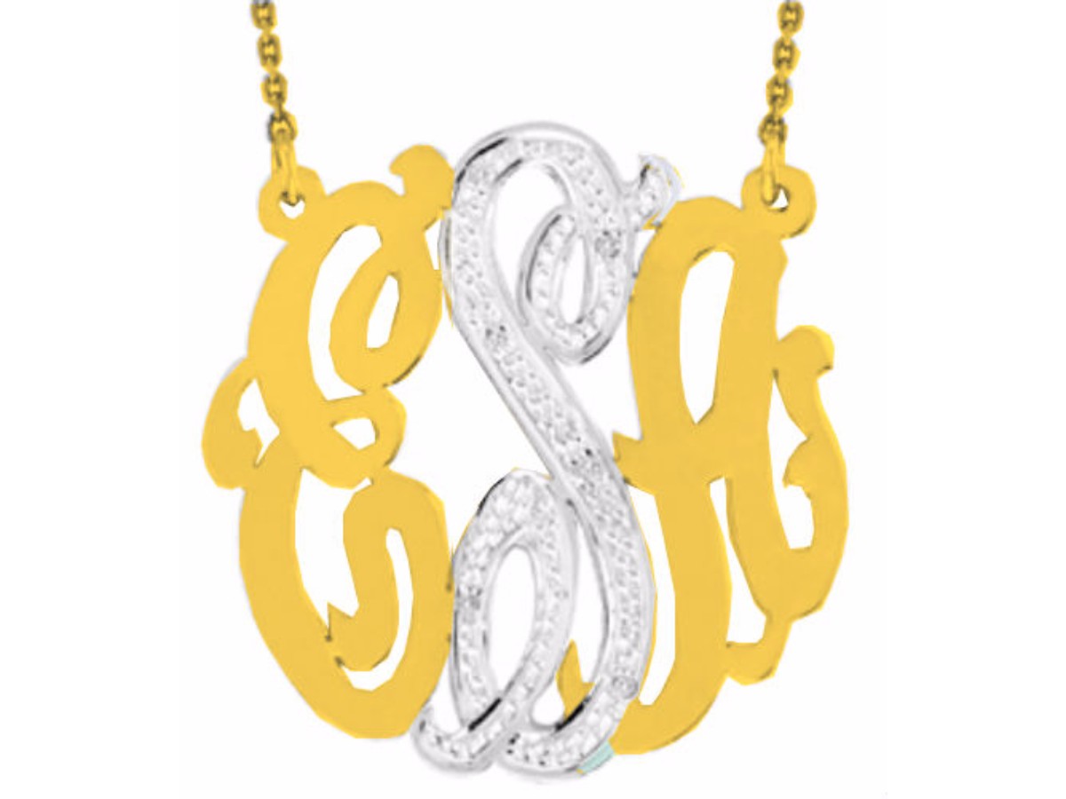Rylos Monogram Diamond Pendant Necklace Personalized 38mm 14k Yellow or 14K White Gold.  Special Order, Made to Order. Large