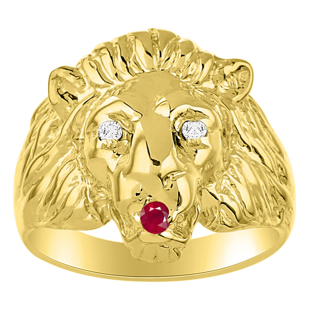 RYLOS Mens Rings 14K Yellow Gold Lion Head Ring Genuine Diamonds in Eyes and Color Stone Birthstones in Mouth Fun Designer