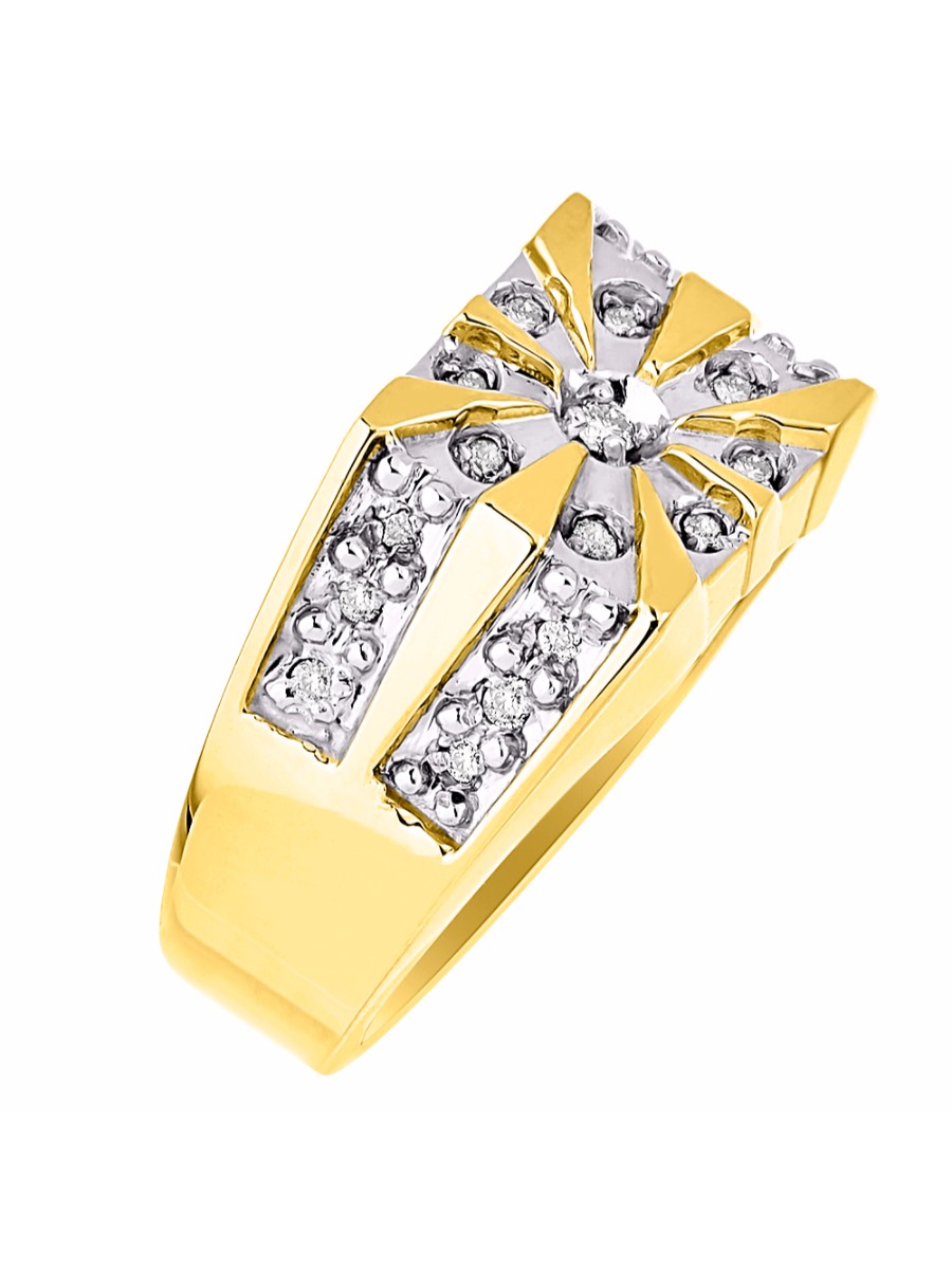 RYLOS Mens Rings 14K Yellow Gold Starburst Design Ring with 1/4 Carats of Genuine Diamonds Classic Sizes 6,7,8,9,10,11,12,13