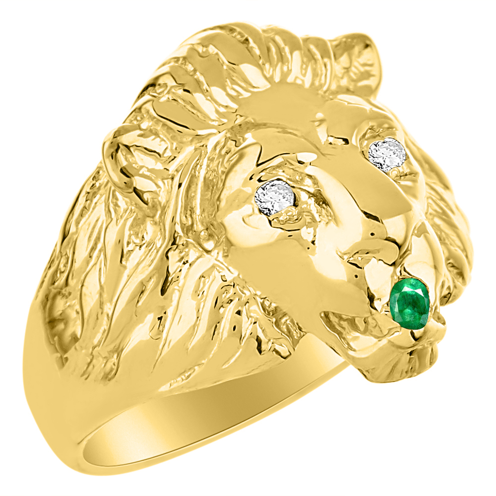 RYLOS Mens Rings 14K Yellow Gold Lion Head Ring Genuine Diamonds in Eyes and Color Stone Birthstones in Mouth Fun Designer