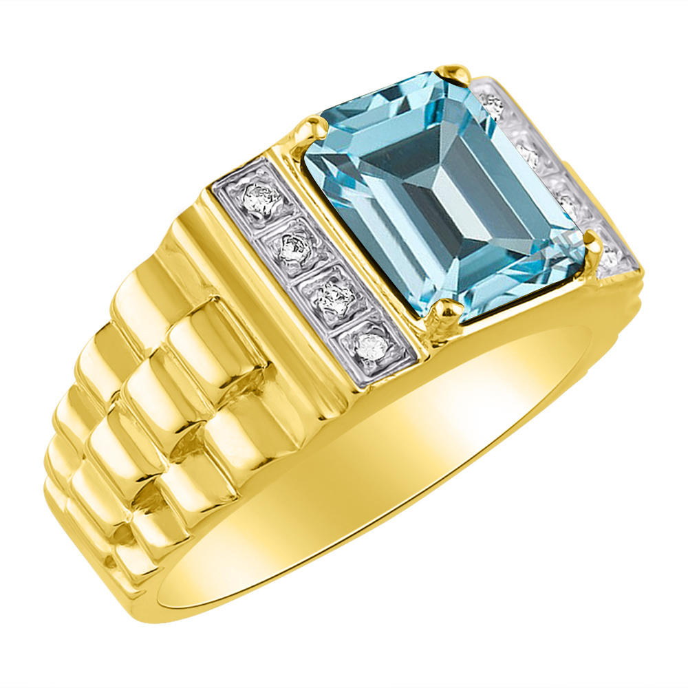 RYLOS Mens Rings 14K Yellow Gold Designer Style 10X8MM Emerald Cut Shape Gemstone and Genuine Diamonds Blue Topaz