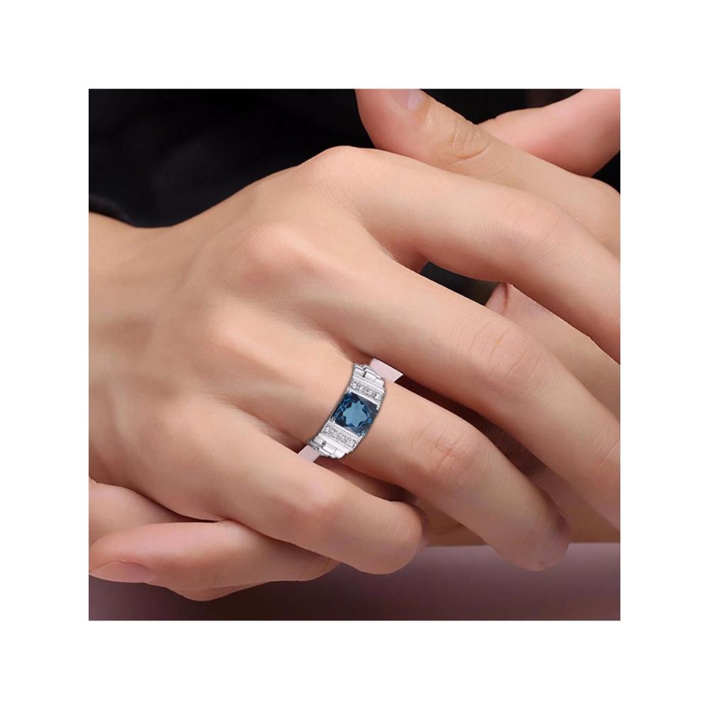 RYLOS Mens Rings Sterling Silver Designer Style 10X8MM Emerald Cut Shape Gemstone and Genuine Diamonds Blue Topaz